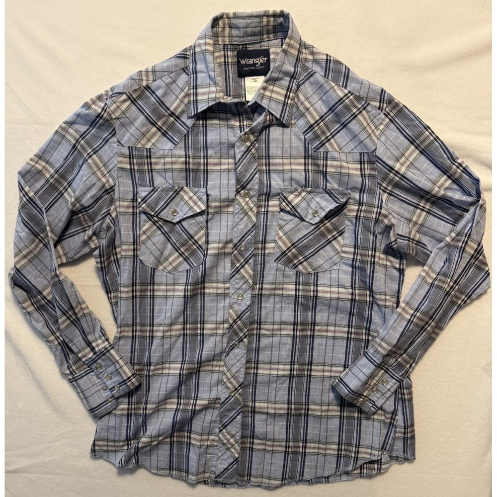Wrangler Wrancher Pearl Snap‎ Western Long Sleeve Shirt Men's Large Blue Plaid